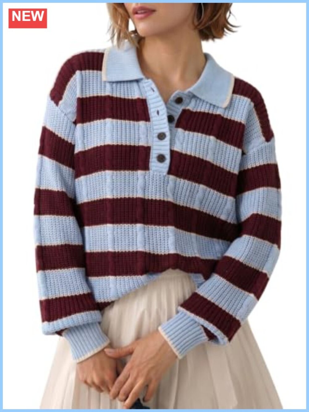 Women's Cable Knit Button Polo Sweater Chunky Fall Winter Cotton Top